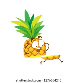 Flat vector cartoon sliced pineapple character, scream and horror, ripe pineapple, vector illustration isolated on white background