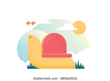 Flat vector cartoon snail with tree and sky