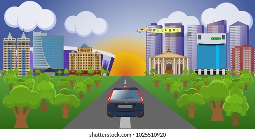 Flat vector cartoon style illustration urban landscape street with skyline city office buildings, family houses, theater, library. The car is on its way to the city.