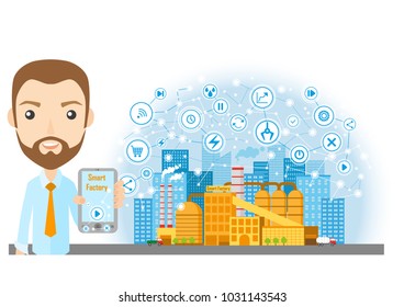 Flat vector cartoon style illustration of an urban landscape with factory, horizons of urban buildings in the background.