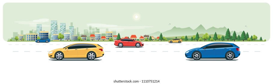 Flat vector cartoon style illustration of urban landscape street with cars, skyline city office buildings, family houses in small town and mountain with green trees on white backround. Road traffic. 