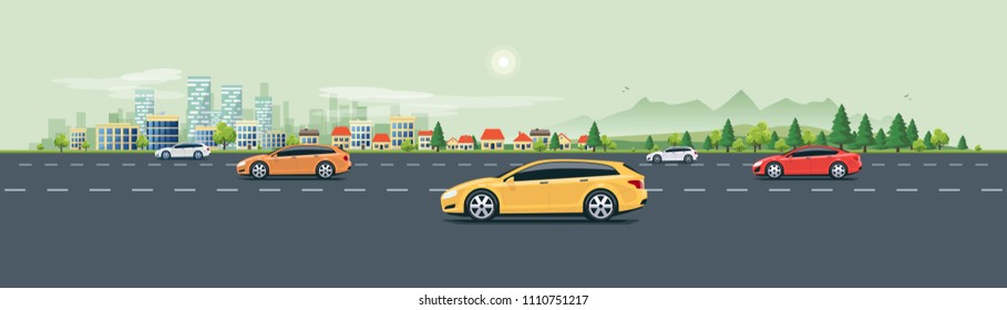 Flat Vector Cartoon Style Illustration Of Urban Landscape Street With Cars, Skyline City Office Buildings, Family Houses In Small Town And Mountain With Green Trees In Backround. Traffic On The Road. 