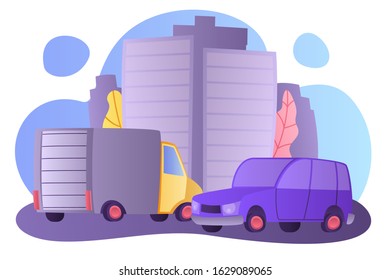 Flat vector cartoon style illustration of urban landscape street with cars, skyline city office buildings,. Cars on the road.