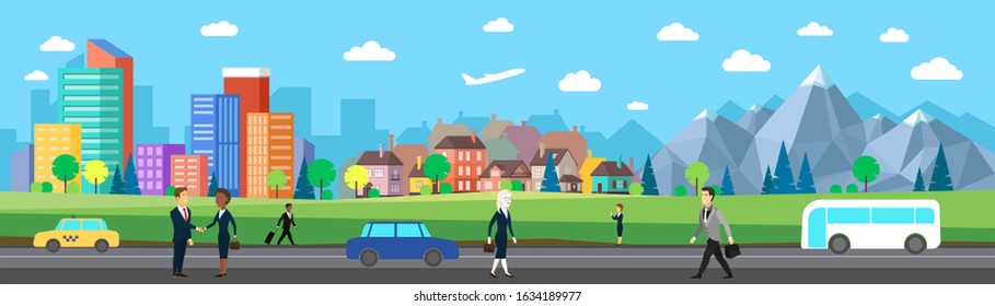 Flat vector cartoon style illustration of urban landscape road with cars, skyline city office buildings and family houses in small town village in backround with forest, mountain people. Panorama