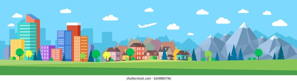 Flat vector cartoon style illustration of urban landscape road with cars, skyline city office buildings and family houses in small town village in backround with forest and mountain. Panorama 