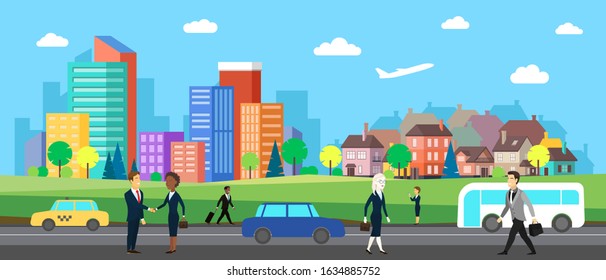 Flat vector cartoon style illustration of urban landscape road with cars, skyline city office buildings and family houses in small town village in backround with forest and mountain. 
