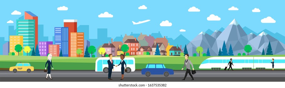 Flat vector cartoon style illustration of urban landscape road with car, train skyline city office buildings and family houses in small town village in backround with forest, mountain people. Panorama
