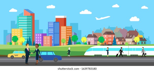 Flat vector cartoon style illustration of urban landscape road with car, train skyline city office buildings and family houses in small town village Panorama