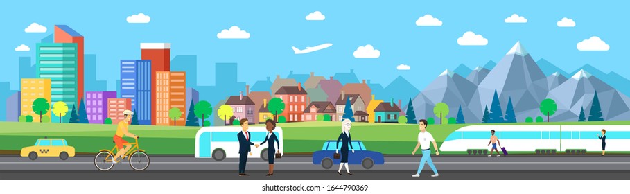 Flat vector cartoon style illustration of urban landscape road with car, train skyline city office buildings, village, mountains.  Panorama. People in business and casual wear, jeans. Bicyclist.