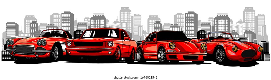 Flat vector cartoon style illustration of landscape street with cars