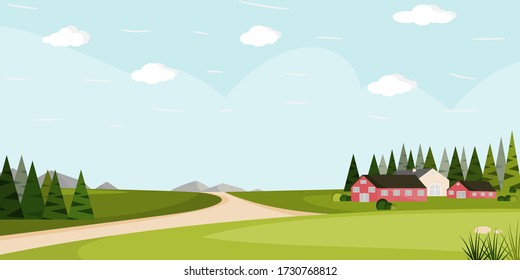 Flat vector cartoon style illustration country landscape. House in grassland and mountain with green trees in background.