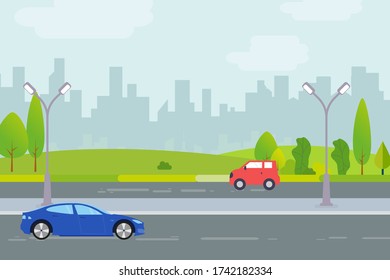 Flat vector cartoon style illustration of urban landscape road with cars.