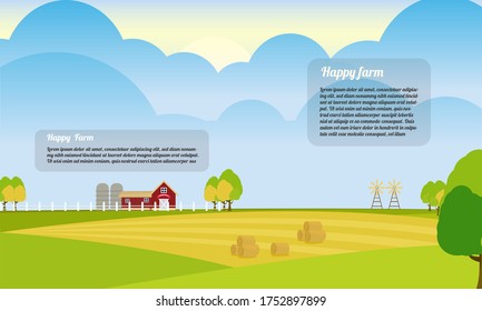 Flat vector cartoon style illustration country landscape. Farm background with barn and windmill