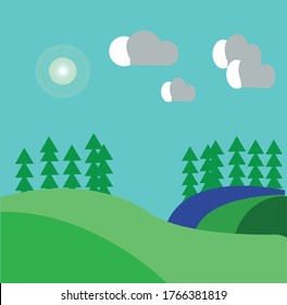 Flache Vektorgrafik-Stil Illustration von urbanen Landschaften in kleinen Städtchen Dorf im Hintergrund mit Wald und Berg. 