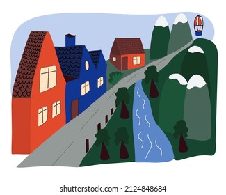 Dibujo plano vectorial estilo ilustración de país paisaje. Casa y carretera 
 cerca de la montaña con árboles verdes en el fondo.