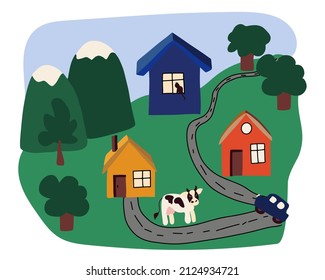 Dibujo plano vectorial estilo ilustración de país paisaje. Casa y carretera 
 cerca de la montaña con árboles verdes en el fondo.