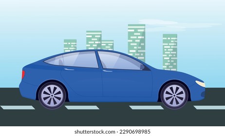 Flat vector cartoon style illustration of landscape street with car on the road.