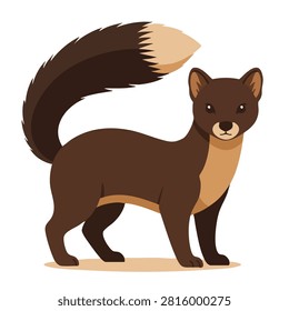 A flat vector cartoon style illustration of a pine marten with brown fur and a bushy tail standing and looking forward