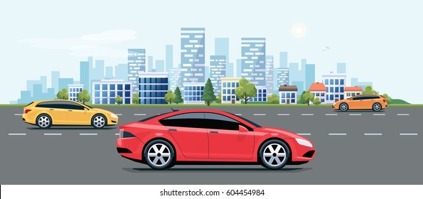 Flat vector cartoon style illustration of landscape street with electric cars, solar panels, wind turbines and mountain with green trees in background. Sustainable traffic on the road. 
