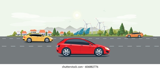 Flat vector cartoon style illustration of eco urban landscape street with cars, city buildings, family houses in small town. Solar panels, wind turbines and mountain with green trees in background. 