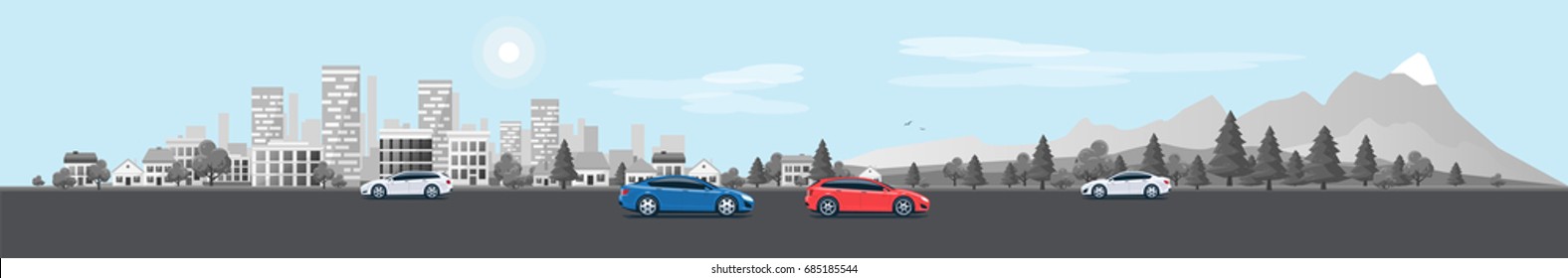 Flat vector cartoon style illustration of urban landscape street with cars, skyline city office buildings, family houses in small town and mountain with trees in background. Traffic on the road. 