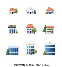 Flat vector cartoon style illustration of different building types. Set of city office buildings, family houses and apartment architecture icons with green trees isolated on white background. 
