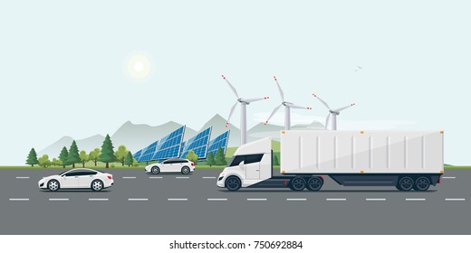 Flat vector cartoon style illustration of landscape street with electric cars, futuristic semi truck, solar panels, wind turbines and mountain countryside in background. Sustainable transportation. 