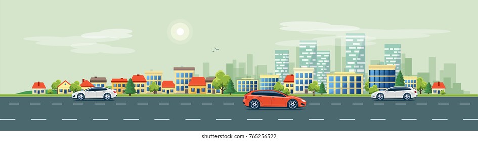 Flat vector cartoon style illustration of urban landscape road with cars, skyline city office buildings and family houses in small town village in backround. Traffic on the street. 