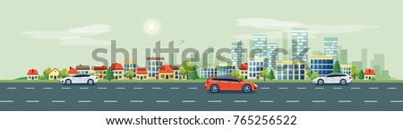 Flat vector cartoon style illustration of urban landscape road with cars, skyline city office buildings and family houses in small town village in backround. Traffic on the street. 