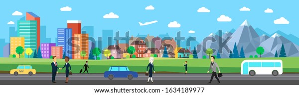 Flat vector cartoon style illustration of urban\
landscape road with cars, skyline city office buildings and family\
houses in small town village in backround with forest, mountain\
people. Panorama