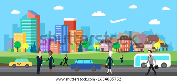 Flat\
vector cartoon style illustration of urban landscape road with\
cars, skyline city office buildings and family houses in small town\
village in backround with forest and mountain.\

