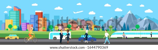 Flat vector cartoon style illustration of\
urban landscape road with car, train skyline city office buildings,\
village, mountains.  Panorama. People in business and casual wear,\
jeans. Bicyclist.