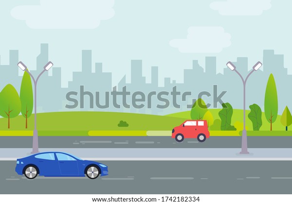 Flat vector cartoon style illustration of urban\
landscape road with cars.