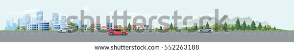 Flat vector cartoon style illustration urban landscape\
street with cars, skyline city office buildings, family houses in\
small town and mountain with green trees in background. Traffic on\
the road. 