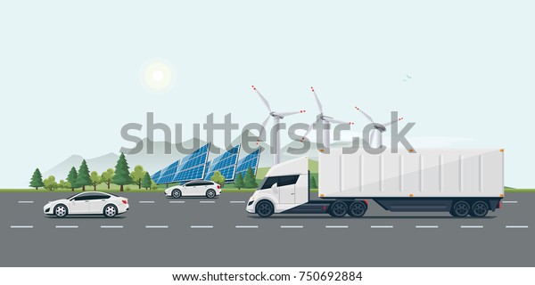 Flat vector cartoon style illustration of landscape\
street with electric cars, futuristic semi truck, solar panels,\
wind turbines and mountain countryside in background. Sustainable\
transportation. 