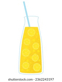 Flat vector cartoon summer illustration of lemonade in a glass bottle with a straw. A refreshing summer homemade drink. Isolated design on a white background.