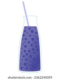 Flat vector cartoon summer illustration of blueberry smoothie in a glass bottle with a straw. Refreshing drink. Isolated design on a white background.