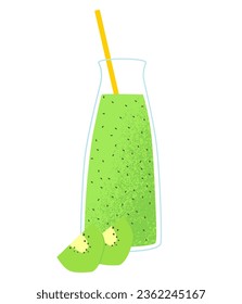 Flat vector cartoon summer illustration of a kiwi smoothie in a glass bottle with a straw. Refreshing drink. Isolated design on a white background.