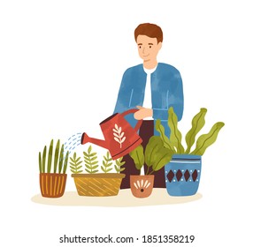 Dibujo plano vectorial con textura de ilustración de la planta de la casa para el agua del hombre. Carácter masculino al cuidado de las plantas verdes o del huerto. Escena de limpieza y pasatiempos aislados en un fondo blanco.