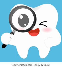 Flat vector cartoon tooth holding magnifier with happy smile flat vector illustration for dental care and inspection