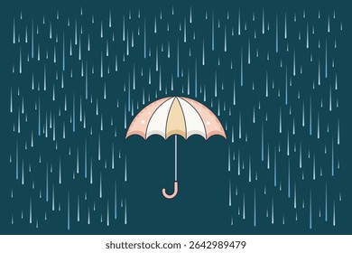 Flat vector cartoon umbrella and rain drops in pastel palette, ideal for children’s educational tools, nursery backgrounds, and seasonal visual art

