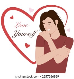 Flat vector cartoon of a woman hugging herself. Illustration for website, landing page, mobile app, poster and banner. Trendy flat vector illustration