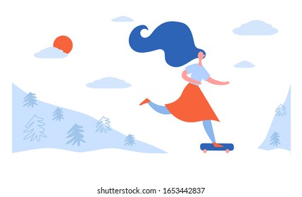 flat vector cartoon woman riding a skateboard outdoors with the wind in hair horizontal concept summer healthy lifestyle