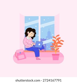 Flat vector cartoon of a woman studying with laptop beside window in cozy winter season