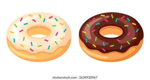 Flat vector cartoon-style illustration of two donuts: one with white glaze and one with chocolate glaze, both topped with colorful sprinkles. Colorful and bright design.