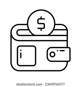 Vector plano de cartera de efectivo, icono de cartera con moneda en estilo modificable
