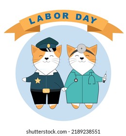 Médico y policía de gatos vectoriales planos con letras del día laboral
