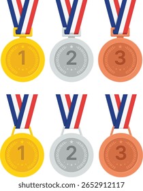 Flat Vector Champion Medals with Ribbon – Gold, Silver, Bronze 1st 2nd 3rd Place Set for Competitions and Events