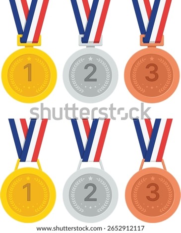 Flat Vector Champion Medals with Ribbon – Gold, Silver, Bronze 1st 2nd 3rd Place Set for Competitions and Events