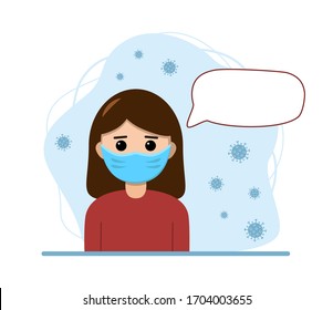 Flat vector character with bubble for text. Covid-19 design concept for background. A woman with a mask on her face.